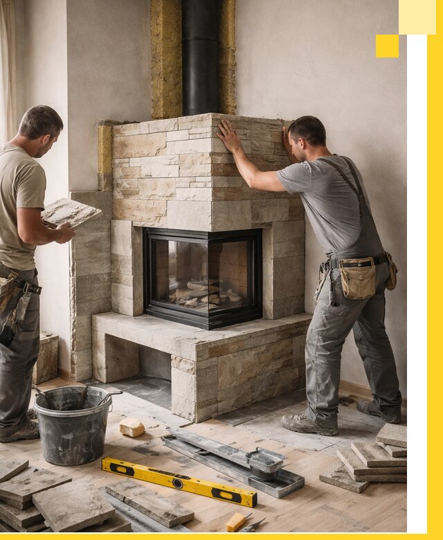 Угловые камины под ключ проект, монтаж и отделка в Осинниках