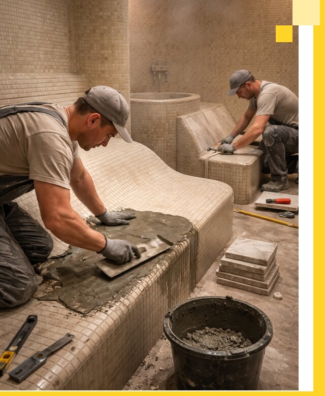 Лежаки для хамама под ключ в Осинниках, проект и монтаж